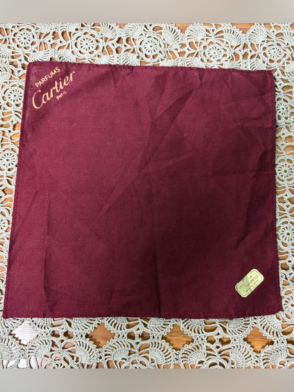 Vintage 80s Cartier Parfums Burgundy Cotton Handkerchief Pocket Square